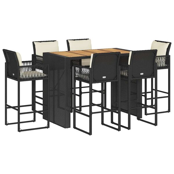 vidaXL Ensemble de bar de jardin 7 Pièces avec coussins noir poly rotin
