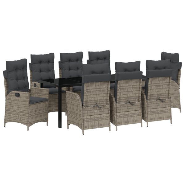 vidaXL Ensemble de Salle à Manger de Jardin 9 Pièces avec Coussins Gris en Poly Rattan