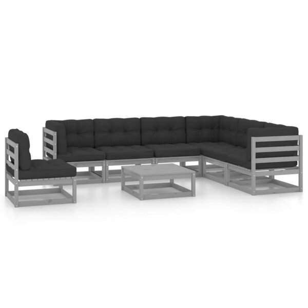 vidaXL Salon de jardin 8 Pièces avec coussins Gris Bois de pin massif