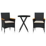 vidaXL Ensemble de bistro avec coussins 3Pièces noir résine tressée verre