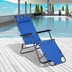 Chaise longue pliable bain de soleil transat de relaxation dossier inclinable avec repose-pied polyester oxford bleu