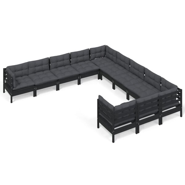 vidaXL Salon de jardin 11 Pièces avec coussins Noir Bois de pin