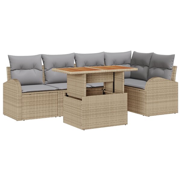Ensemble de Canapé de Jardin de 6 Pièces avec Coussins Beige Rotin PE