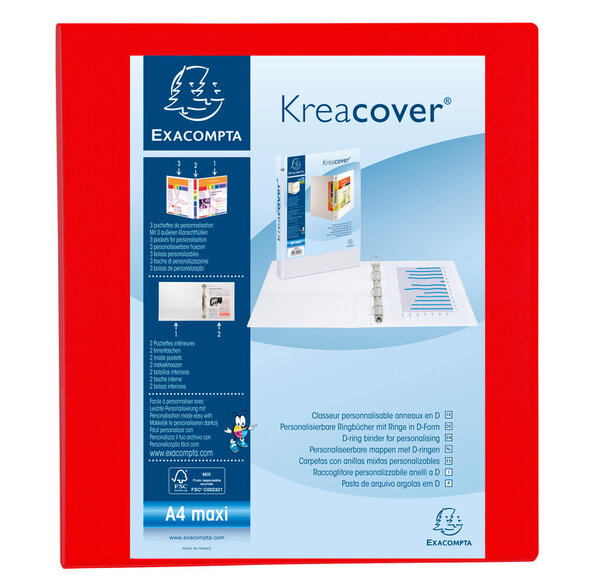 Classeur personnalisable Kreacover A4 Maxi 4 Ax Diam 40mm Dos 60 mm Rouge x 10 EXACOMPTA