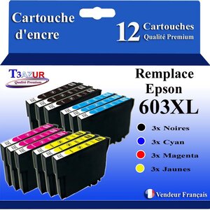 T3AZUR - 12 Cartouches Compatibles avec Epson 603 603XL Noire pour Epson WorkForce WF-2820DWF  WF-2830DWF  WF-2840DWF  WF-2850DWF  WF-2870DWF  WF2835-DWF
