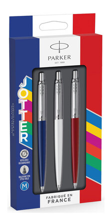 PARKER Jotter Originals Made in France, 3 Stylos bille, Bleu, Blanc, Rouge, recharge bleue pointe moyenne