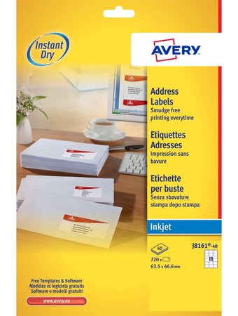 J8161-40 - 720 étiquettes d'adressage blanches adhésives personnalisables. 63,5x46,6mm.... Avery