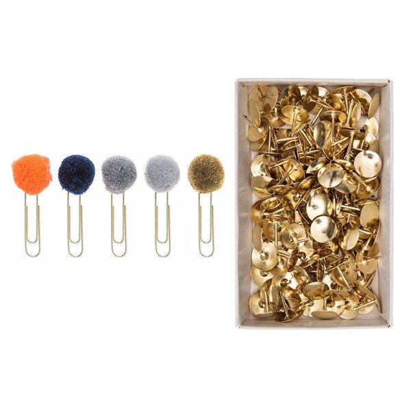 5 Trombones avec pompons bleus + 150 punaises dorées