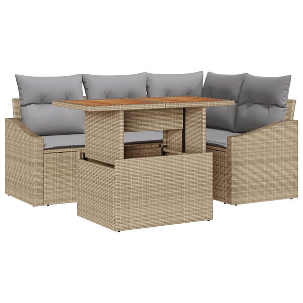 vidaXL Ensemble de salle à manger de jardin 5 pièces avec coussins en poly rotin beige et acacia
