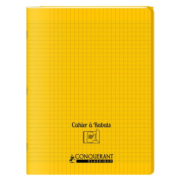 Cahier à rabat agrafé 24x32cm 96P 90G grands carreaux polypro jaune CONQUÉRANT