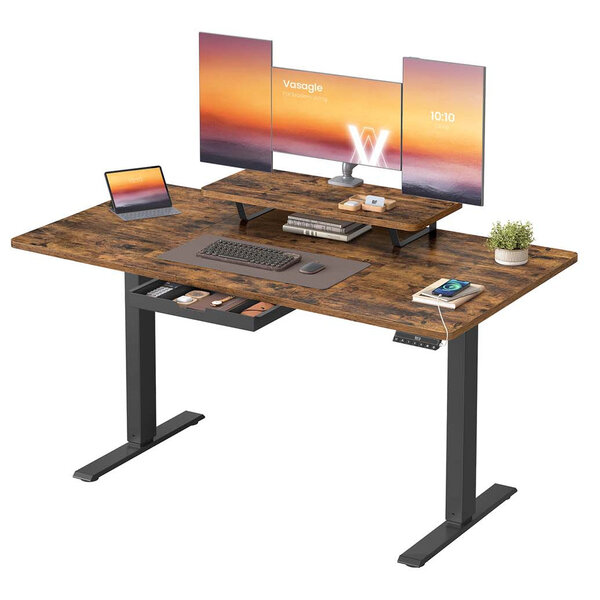 Bureau électrique réglable en hauteur 140 x 70 cm support d'écran à montage flexible tiroir port usb-c rappel de sédentarité pour télétravail marron 12_0008039