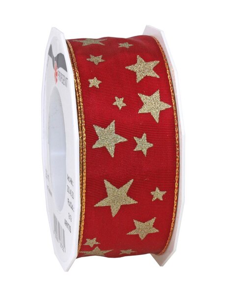 Ruban de soie acetate avec étoiles  arktis 20-m-rouleau 40 mm  rouge feu
