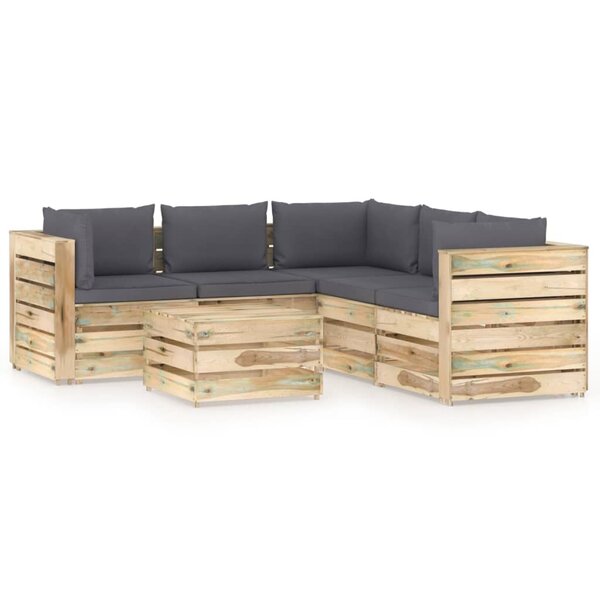 vidaXL Salon de jardin 6 Pièces avec coussins Bois imprégné de vert