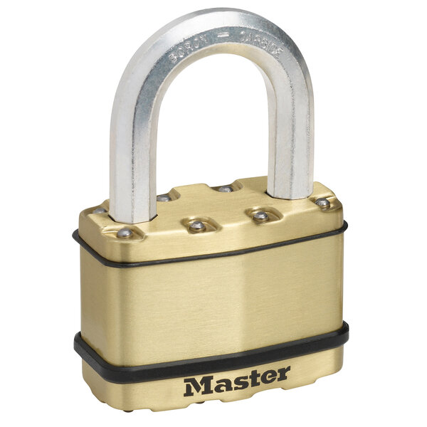 Cadenas Excell en acier laminé de 64 mm de largeur avec anse haute de 38 mm ; finition laiton