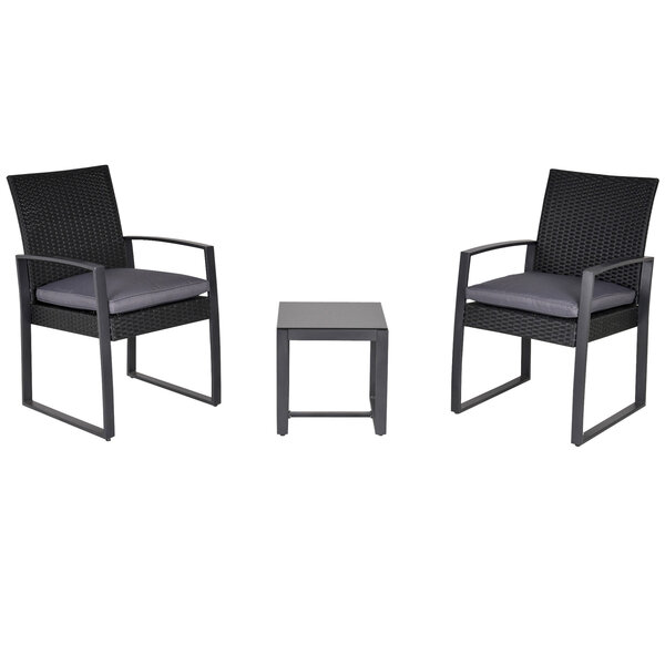 Salon de jardin 2 places - 3 pièces 2 chaises avec coussins gris + table basse - plateau verre trempé - résine tressée 4 fils imitation rotin noir
