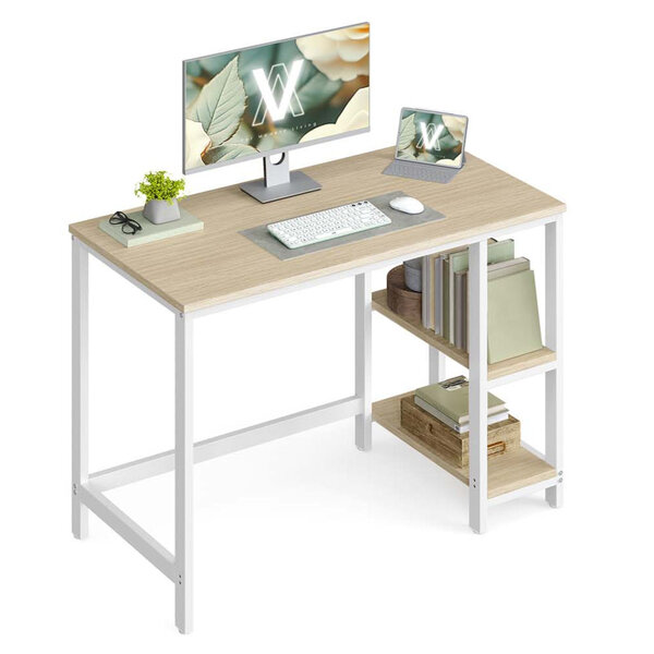 Bureau table informatique table d’étude avec étagère à 2 niveaux à gauche ou à droite pour bureau salon cadre en métal style industriel beige 12_0004666