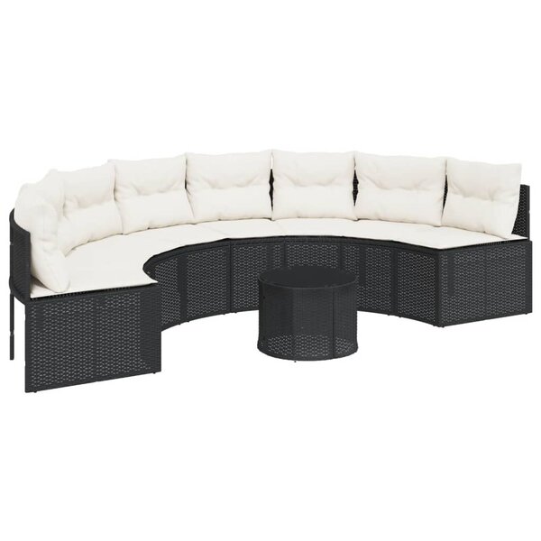 vidaXL Canapé de jardin table coussins demi-rond noir résine tressée