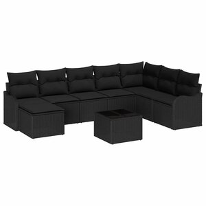 vidaXL Ensemble de canapé de jardin avec coussin 9 Pièces Noir Poly rotin