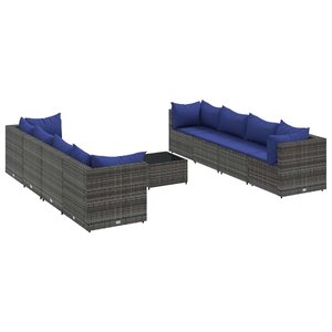 vidaXL Salon de jardin 9 Pièces avec coussins Gris Résine tressée