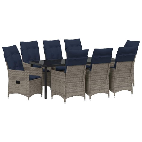 vidaXL Ensemble table et chaises avec coussin 9 Pièces Gris Rotin PE