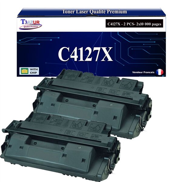 T3AZUR -2x Toners compatibles avec HP C4127X / C8061X (27X/61X) pour HP Laserjet 4000  4000N  4000SE  4000T  4000TN  4050  4050DN  4050N  4050SE