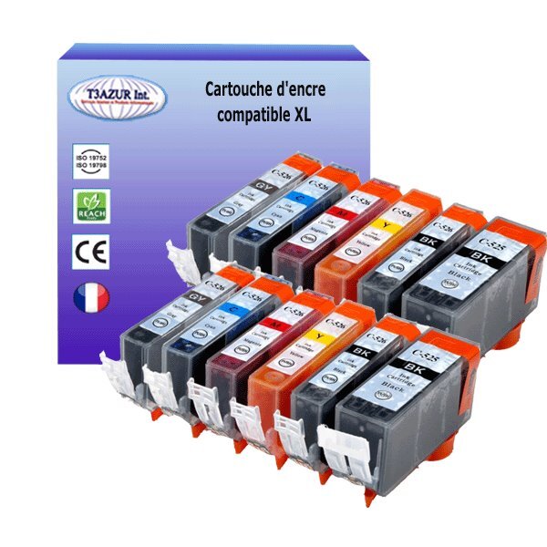 12 Cartouches compatibles avec Canon Pixma MG6150, MG6250, MG8150, MG8250 remplace Canon PGI-525, CLI-526 XL  - T3AZUR