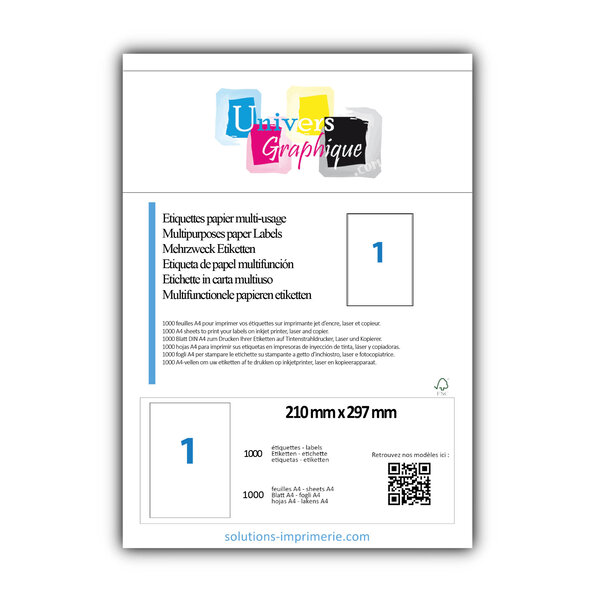 Lot de 1000 planches a4 de 1 étiquettes à bords vifs 210 x 297  mm en papier blanc 70g/m² multifonction