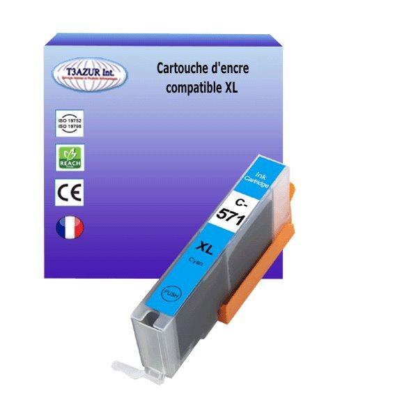 Cartouche compatible avec Canon Pixma MG5750, MG5751, MG5752, MG5753, MG6850, MG6851 remplace Canon CLI571 XL Cyan - T3AZUR