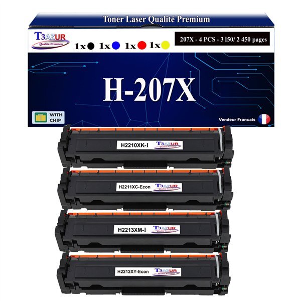 T3AZUR -4x Toners compatibles avec W2210X W2211X W2212X W2213X 207X pour HP Color LaserJet Pro M255dw M255nw