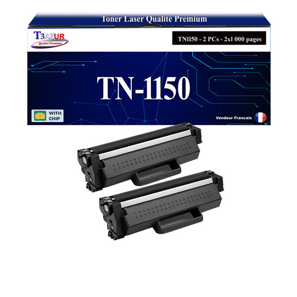 T3AZUR - Lot de 2 Toners compatibles avec  Brother HL-L1240W  HL-L1242W  HL-L1242WXL remplace Brother TN1150 Noir - 1 000 pages