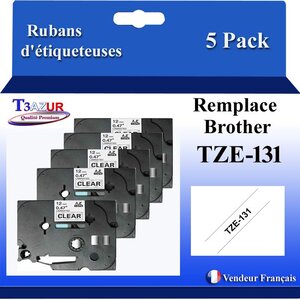 5x Rubans d'étiqueteuses compatibles avec Brother Tze131  Tze-131 pour étiqueteuses P-touch - Texte noir sur fond transparent - Largeur 12 mm x 8 mètres - T3AZUR
