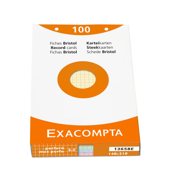 Étui de 100 fiches bristol quadrillé 5x5 perforé 148x210mm Couleurs assorties EXACOMPTA