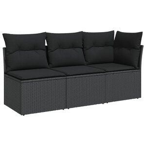 vidaXL Canapé de jardin avec coussins 3 places en polyrotin noir
