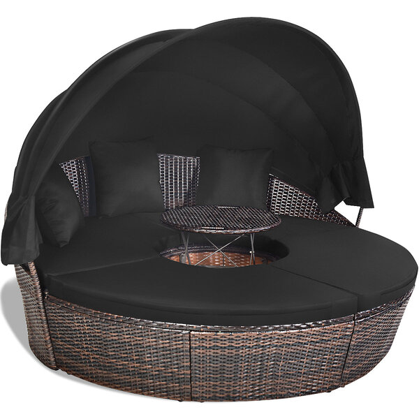Lit de jardin rond d'exterieur table relevable modulable et convertible - pare soleil réglable rotin pe coussins inclus noir 20_0008702