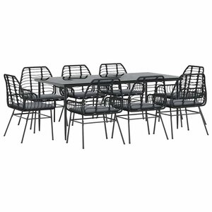 vidaXL Ensemble à manger de jardin coussins 9Pièces noir poly rotin verre