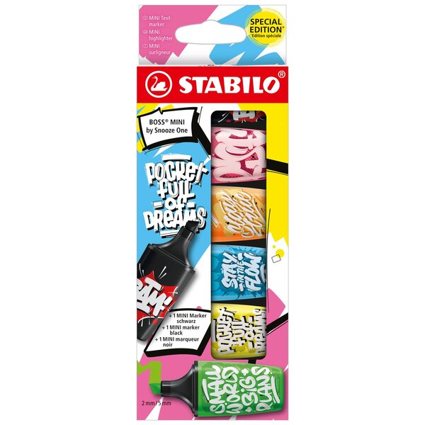 6 mini surligneurs BOSS MINI by Snooze One dont 1 marqueur noir STABILO