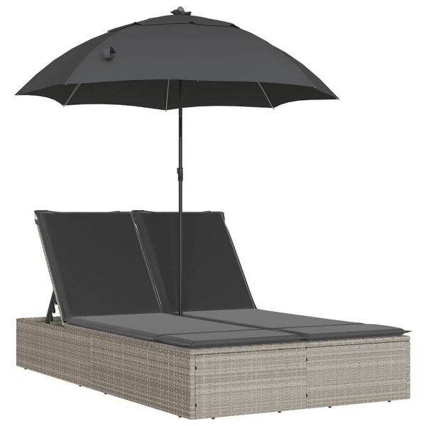 vidaXL Chaise longue double avec coussins et parasol gris clair rotin