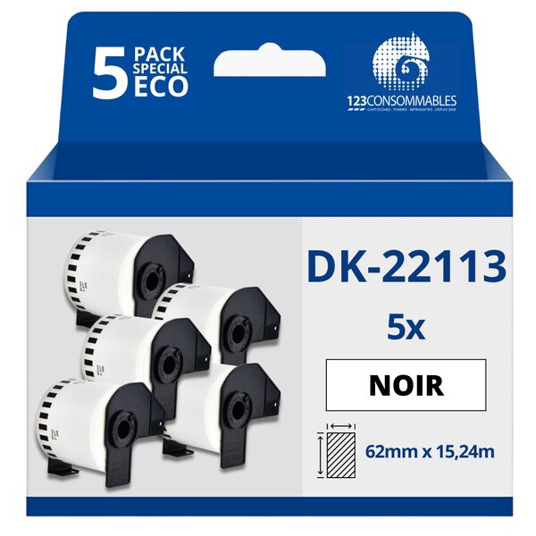 Pack de 5 Rouleaux Étiquettes compatible BROTHER DK-22113 - Largeur 62 mm x 15 24 m