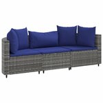 vidaXL Salon de jardin avec coussins 3 Pièces gris résine tressée