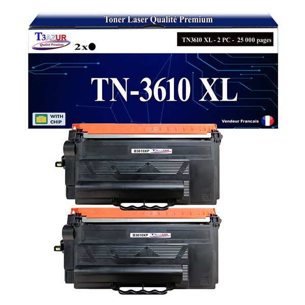 T3AZUR- 2x Toners compatibles avec brother TN3610  TN3610XL Noir (25 000 pages)