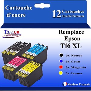 T3AZUR- 12x Cartouches Compatibles avec Epson T1631 T1632 T1632 T1634 T16XL