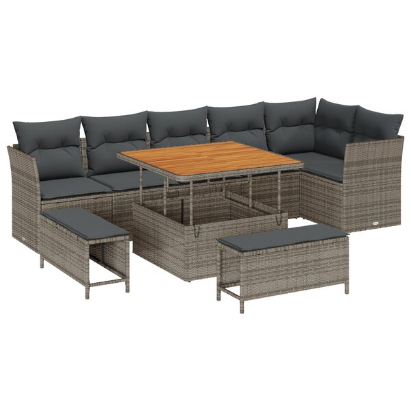 vidaXL Ensemble de Canapé de Jardin 9 Pièces avec Coussins Gris en Rotin Synthétique et Acacia