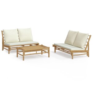vidaXL Salon de jardin 3 Pièces avec coussins blanc crème bambou