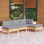 vidaXL Salon de jardin 4 Pièces avec coussins gris Bois de pin