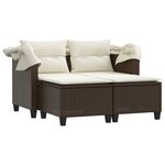 vidaXL Canapé de jardin 2 places avec auvent et tabourets marron rotin