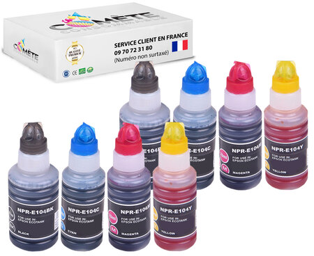 8 recharges 104 compatibles pour imprimantes epson ecotank - 2 noir + 2 cyan + 2 magenta + 2 jaune