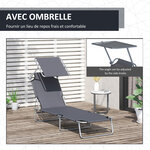 Transat bain de soleil pliable grand confort dossier et pare-soleil réglable multi-positions gris