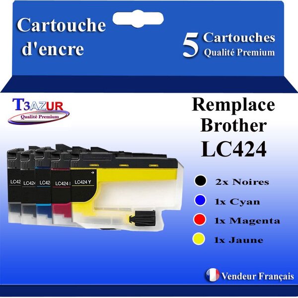 T3AZUR - Lot de 5 Cartouches compatibles Brother LC424 XL pour Brother DCP-J1200  DCP-J1200DW  DCP-J1200W  DCP-J1200WE