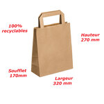 Lot de 100 sacs cabas en papier kraft brun marron havane avec poignée plate 320 x 170 x 270 mm 14 Litres résistant papier 80g/m² non imprimé