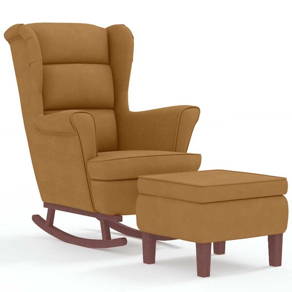 vidaXL Fauteuil à bascule à oreilles en velours marron bois massif